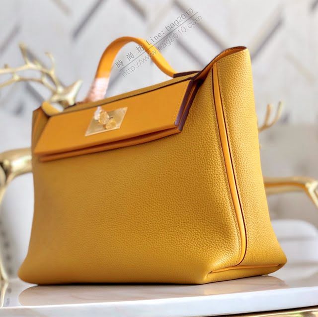 Hermes包包 愛馬仕Hermes Kelly2424 琥珀黃/金扣 togo小牛皮 半手工制 Hermes休閒女款手提包  am1931